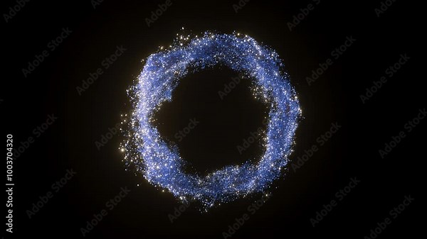 3d blue Particles Flying around circle. Abstract blue glitter background. Holiday celebrating bg with blue dust effect. Motion graphic.