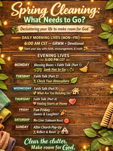 Ever feel like life just gets… cluttered? Not just your home—but your mind, your heart, your habits. This week we’re doing some spring cleaning together 🌿 Come join me at 5PM CST each night. #FaithTalk #TruthDrop #FaithJourney #HealingWithGod #ChristianWomen