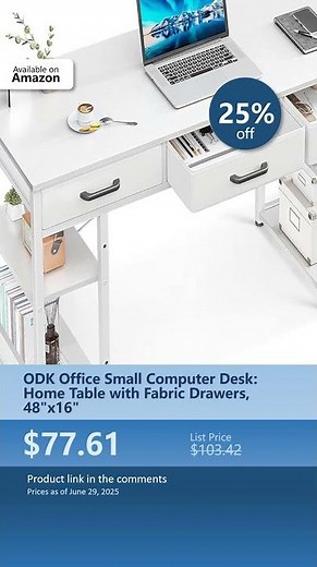 ODK Office Small Computer Desk: Home Table with Fabric Drawers, 48"x16"
