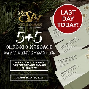 2.7K views · 16 reactions | Available until TODAY (December 28) only! Get FREE 5 Classic Massage Gift Certificates when you buy 5 Classic Massage Gift Certs! Deluxe 5+5 - P5,610 Executive 5+5 - P7,150 Junior Suite 5+5 - P8,800 Premier Suite 5+5 - P9,900 Send us a message to learn more: m.me/thespawellness . . . . . . . the spa wellness. spa shangri-la . spa podium . spa trinoma . spa rockwell . spa fort . spa alabang . spa greenbelt | The Spa Wellness | Facebook