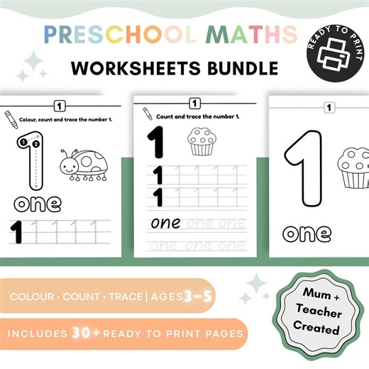 Preschool Math Worksheets Numbers 1–10 | Counting Tracing Printables Ages 3–5 - Etsy