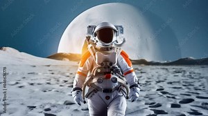 An astronaut in a high-tech spacesuit exploring the rocky and icy surface of an exoplanet. The landscape features jagged rocks and distant mountains under a dark, otherworldly sky.