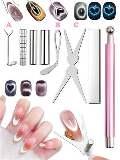 Cat Eye Magnet Set | 3-In-1 Double-Ended Magnetic Pen | Cat Eye Gel Nail Polish Multi-Function Tool | Heart-Shaped French Floral Glass Moon Effect | Pink Sturdy Ball Pen | Home DIY Manicure | SHEIN