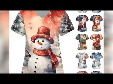 Christmas Nurse Uniform Scrubs Womens Cartoon snowman Elk Print Short Sleeve Pocket Overalls Uniform