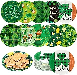 120 Pieces 7 Inch St. Patrick's Day Paper Plates Green Shamrocks Disposable Dessert Plates Happy Lucky Day Disposable Party Plates Green Plaid Paper Tableware Dinnerware for Party Decorations Supplies