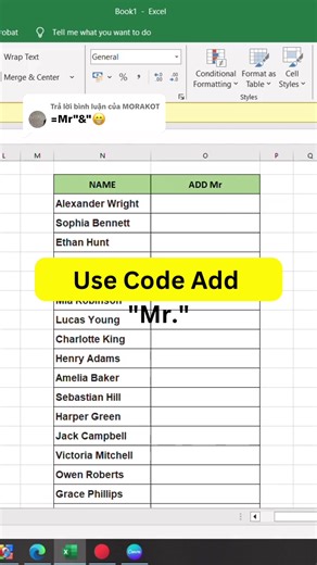 Trả lời @MORAKOT Use Code to add Mr or Ms #exceltips #fypシ゚viral #spreadsheet #dataentry