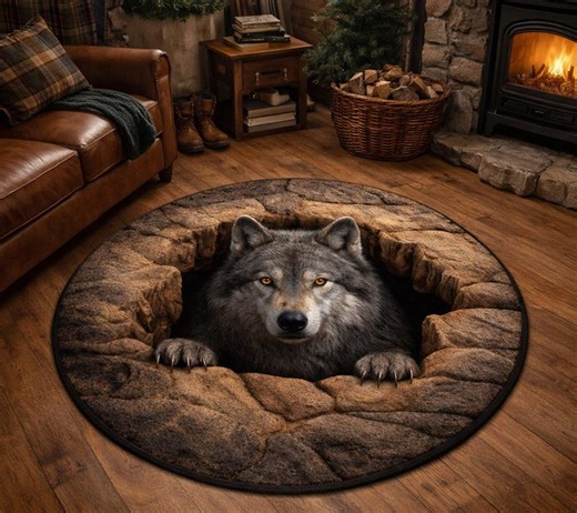 3D Wolf Illusion Round Rug, Realistic Stone Hole Optical Carpet Decor - Etsy