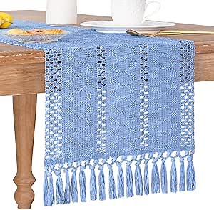 Socomi Boho Table Runner Macrame 108 Inches Blue Geometric Pattern Cotton Linen Polyester Table Runner with Handmade Tassels for Coffee Table Home Decor Dining Room