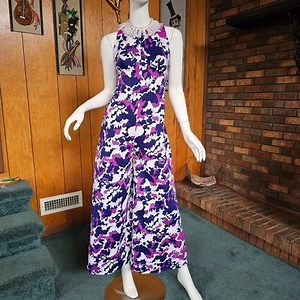 Vtg 1970s Psychedelic Mod Fringed Bellbottom Pants Empire Hostess Jumpsuit M | eBay