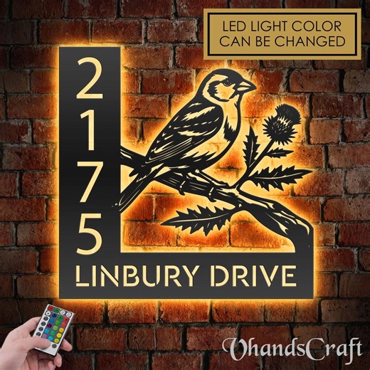 Personalized Goldfinch Bird LED Address Sign - Custom Metal House Number Plaque - Etsy