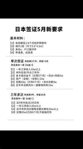 2026年5月日本签证最新要求 日签现在办不难，自由职业/无职 符合的也能申请🙌🏻 【签证类型】单次：有效期90天，停留15天三年多次：有效期3年，停留30天五年多次：有效期5年，停留90天 【基础材料】【1】有效期至少6个月的护照原件【2】相片2张（尺寸3.5*4.5m）【3】身 分 z、户口复印件【4】申请表、信息表 【单次】基本材料 以下符合其中一条【1】一年工资