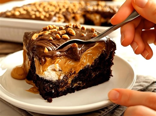 Reese’s Poke Cake Ingredients: • 1 chocolate cake mix (plus ingredients listed on the box to prepare it) • 1 can (14 oz) sweetened condensed milk • 1 cup peanut butter (creamy) • 1 tub whipped topping (Cool Whip or similar) • 1 package instant chocolate pudding mix • 2 cups cold milk • 1 cup chocolate chips (melted) or chocolate frosting • Reese’s pieces, peanut butter chips, or chopped peanut butter cups for topping ⸻ Instructions: 1. Bake the Cake • Prepare the chocolate cake mix according to 