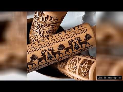 Christmas Rolling Pin with Reindeer Flower Patterns, Wooden Embossed 3D Cookie Mold Laser Engraved D