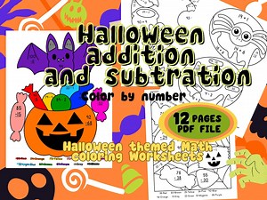 Halloween Addition and Subtraction, Color by Number, 12 Math Worksheets, PDF Files, Part 2 - Etsy Canada