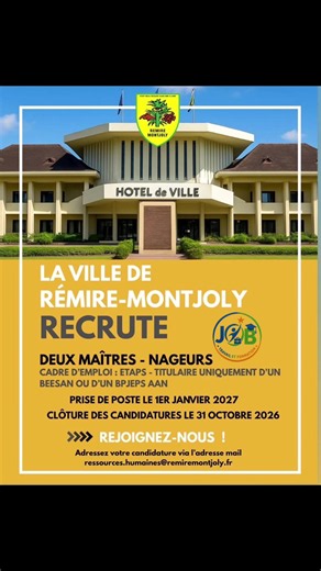 🏊‍♂️ OFFRE D’EMPLOI — RÉMIRE-MONTJOLY 🚨 La Ville de Rémire-Montjoly recrute 2 maîtres-nageurs ! 📌 Cadre d’emploi : ETAPS 🎓 BEESAN ou BPJEPS AAN – titulaire uniquement 📅 Prise de poste : 1er janvier 2027 ⏰ Candidatures avant le 31 octobre 2026 📩 Candidature : ressources.humaines@remiremontjoly.fr 👉 La fiche de poste détaillée sera transmise dès réception de votre candidature. 🔎 Une opportunité à partager ! #JobTravailEtFormation #EmploiGuyane #RemireMontjoly #Recrutement #MaitreNageur