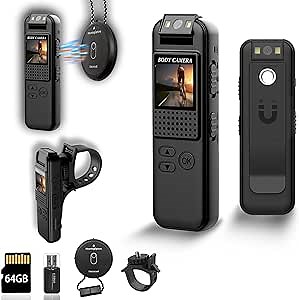 【Upgrade】Mini Body Camera with Audio and Video Recording- Body Camera with 180° Rotatable Lens, Built-in 64G Card, HD 1080P Law Enforcement, Guard, Outdoor, Travel, Cycling(with Magnetic Lanyard)