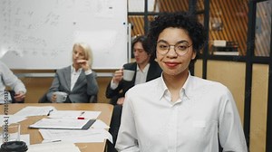 Executive woman at board job meeting. Professional company leaders working negotiating discussing project results in board meeting room. Conference, briefing meeting, corporate training concept.