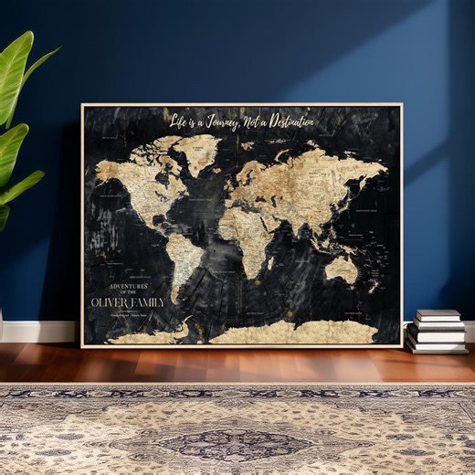 Personalized Dark Wood World Map Wall Art, Custom Vintage Travel Map Canvas or Floating Frame, Family Adventure Map Decor - Etsy