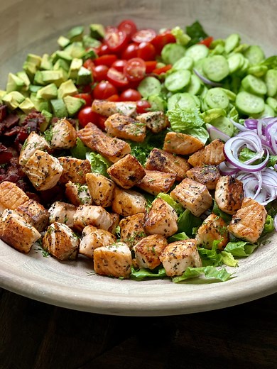 Crispy Salmon Salad with Creamy Lemon Feta Dressing