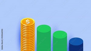 Declining coin bar chart with stack coin icon animation isolated, pile coins money chart flat line. declining coin bar chart with stack coin icon animation isolated alpha channel, pile of coins