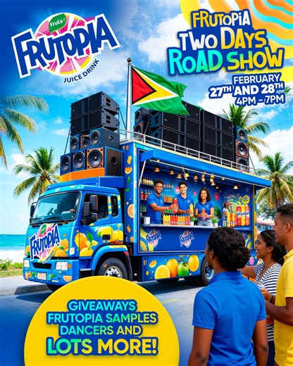 🇬🇾 Frutopia is hitting the road in Guyana! 🚚 Join us on February 27th and 28th for our 2-Day Frutopia Road Show Launch filled with Frutopia sampling, games, giveaways, prizes, and lots more fun! Day 1: We roll out from Regent Street, Georgetown along the bus parks & market areas and end at Stabroek Market Area. Catch us along the route — we’ll be making 2 laps over 2–3 hours! Day 2: We start from Central Georgetown making our way through the popular hubs & traffic areas Bring your friends, fo