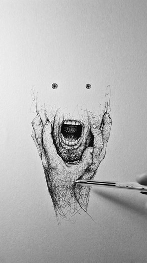 Painting process.🤘🤘🤘 #ilokunst #writing #ballpointpen #künstler #kunst #dark #workonpaper #artworks #madness #lineart #painter #darkart #artwork #scribble #lineart #painting | ilokunst