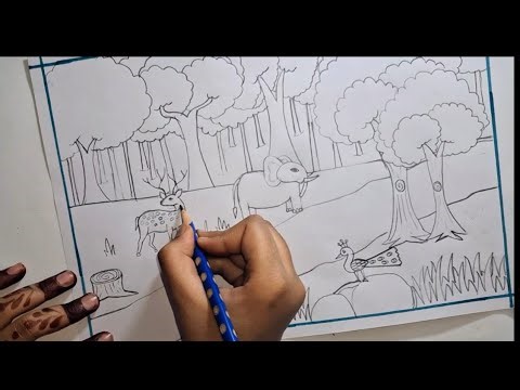 How to Draw Forest Animals Scenery | Simple Nature Drawing with Deer, Elephant & Peacock