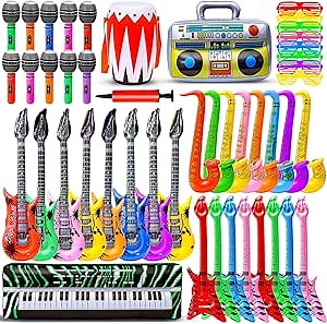 Max Fun Inflatable Rock Star Toy Set, 48pcs Inflatable Party Props for Kids 80s 90s Party Decorations Inflatable Guitars Inflate Rock Band Assortment Party Favors (Random Color)