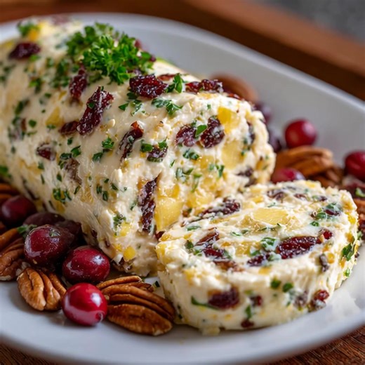 Pineapple Cranberry Holiday Cheese Log Festive Cheese Log with Pineapple and Cranberries Ingredients: 8 oz cream cheese, softened 1 cup shredded sharp cheddar cheese 1/2 cup crushed pineapple, drained 1/2 cup dried cranberries, chopped 1/4 cup green onions, chopped 1/2 cup chopped pecans 1 teaspoon garlic powder 1 teaspoon onion powder Salt and pepper to taste Fresh parsley for garnish | I love recipes