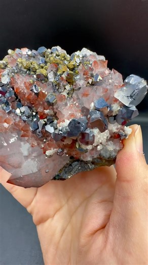 Wow look at this gorgeous specimen, A red quartz cluster with galena of different shapes, chalcopyrite replacing galena, and sphalerite at the bottom. The golden fluorescence effect is very good. The red quartz has a good gloss ❤️ Available for sale. | Crystal Princess