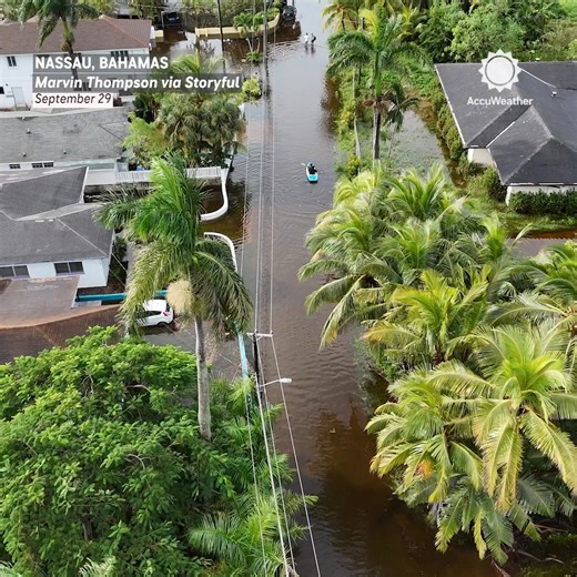 Drone footage shows kayakers paddling down a flooded street in Nassau after Tropical Storm Imelda drenched the Bahamas. | AccuWeather