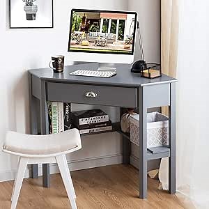 Corner Desk, Triangle Desk with Drawers and Shelves, Wood Corner Console Table, Vanity Table with Storage, Corner Writing Desk, Small Corner Desks for Small Spaces (Gray)