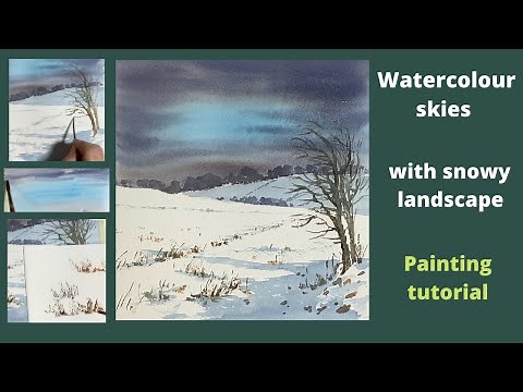 Watercolour skies with snowy landscape painting tutorial