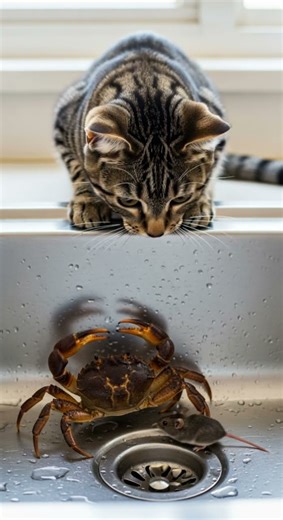 Cat Freezes... Mouse vs Crab in the Sink Epic Standoff #cats #wildlife #pets