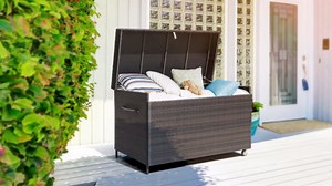 Idzo Outdoor Wicker Storage Box, 1000 Hours UV Wicker Cushion Storage Box for Patio Durable Against Weather, 200 Gallon Extra Large Deck Box, Soft-Close Hinge Included - Brown