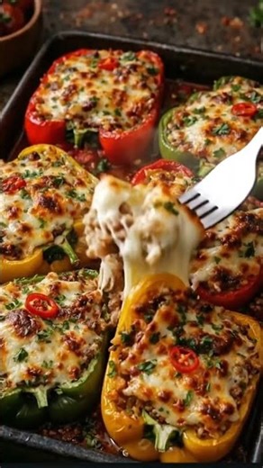Cheesy Loaded Stuffed Peppers. #comfortfood #foodie #cheesypotatoes #easyrecipes