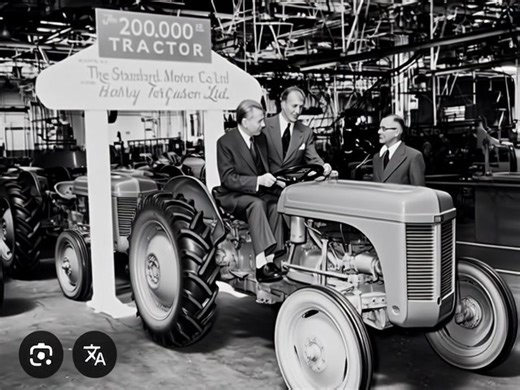 Irish inventor Harry Ferguson on the 200,000th Ferguson tractor at the Standard Motor Co Ltd factory. Harry Ferguson, an Irish engineer and inventor, is renowned for his contributions to agricultural machinery, most notably the development of the Ferguson System and the iconic "Little Grey Fergie" tractor. | Irelands past in Motion