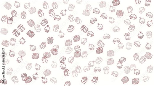 Food doodle pattern of cupcakes, popcorn, burgers, and pancakes makes a whimsically delicious background for kitchen products or party decor.