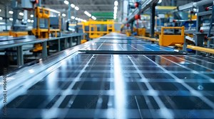 Solar panels are being transported and tested on a conveyor belt during the solar panel manufacturing process in a state-of-the-art factory. Stock Video