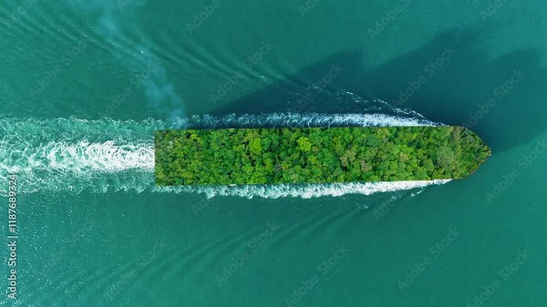 Container ship with green Leave. green transportation industry eco shipping for sustainable energy saving environmental low carbon. Express Cargo Container Ship with contrail in the ocean