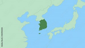 Map of South Korea with pin of country capital. South Korea Map with neighboring countries in green color.
