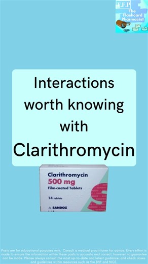Interactions with Clarithromycin! Can you think of any adverse effects with this antibiotic? How many indications for Clarithromycin can you name??? Comment down below! #pharmacy #pharmacist #foundationpharmacist #pharmacytraining #clinicalpharmacy #reels #explorepage #pharmacyschool #mpharm #pharmd #pharmacology #pharmacologyrevision #foundationdoctor #GPregistrar #GPTraining #pharmacologyschool #revisepharmacology #preregistration #foundationtraining #nursetraining #nursestudent #pharmacystude