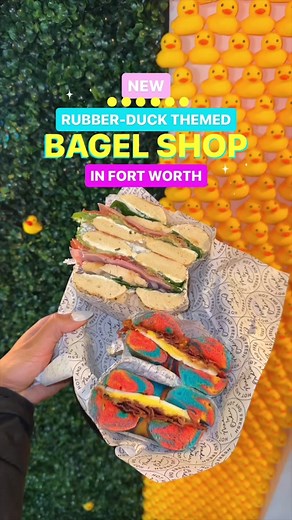 ✨🐥 NEW BAGEL SHOP ON WEST 7TH IN FORT WORTH WITH A RUBBER DUCK THEME // OPEN LATE ON SATURDAYS // SAVE THIS FOR YOUR NEXT BREAKFAST STOP OR POST-7TH HANGOVER CURE 🥯✨ #FortWorthLoveList // Who doesn’t love a good bagel, especially after a long night out?! @Lucky Duck Bagels in DFW is a new bagel shop on West 7th Street that stays open until 3AM on Saturdays. There are breakfast and lunch bagel sandwiches, burritos, smoothies, pastries, and coffee drinks. You can choose any type of bagel for you