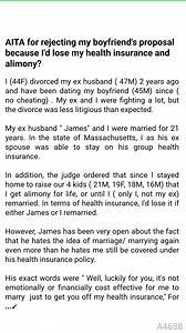 36K views · 55 reactions | AITA for rejecting my   boyfriend's proposal because  I'd ⛰  lose my health  insurance and alimony? #relationshipadvice #personalgrowth #ethicaldilemma | Storytime Everyday not Football Life | Facebook