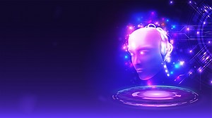 Robot head of artificial intelligence hanging over digital hologram...