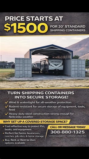 PRICE STARTS AT $1,500 — OWN SECURE STORAGE THAT LASTS Stop paying monthly storage fees and start owning a solution that works as hard as you do. Our 20’ standard shipping containers deliver industrial-grade security, weather protection, and long-term value—starting at just $1,500. Built from heavy-duty steel, these containers are wind & watertight, rodent-resistant, and fully lockable, making them ideal for protecting equipment, tools, feed, inventory, vehicles, and recreational assets. Whether