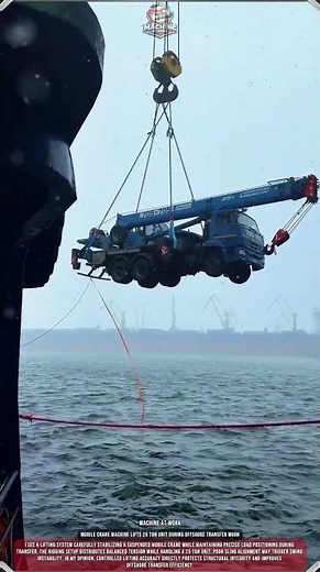 Mobile Crane Machine Lifts 25 Ton Unit During Offshore Transfer Work