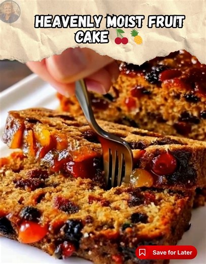 Heavenly Moist Fruit Cake 🍒🍍 This rich, golden fruit cake is everything you want it to be — soft, moist, and packed with juicy dried fruits. It's a beloved classic in my kitchen, especially during the holidays, but I say it’s perfect any time of year! 🎁💛 📝 Ingredients: 1 cup mixed dried fruits (raisins, cranberries, chopped dates, etc.) 1/2 cup chopped candied fruits (cherries, pineapple, citrus peel) 1/2 cup orange juice (or apple juice) 1/2 cup unsalted butter, softened 3/4 cup brown suga