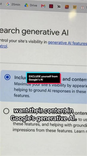 You should never do this, but some people actually don't want their content in Google's generative AI. Within Google Search Console, there's a new feature, “Exclude my site's links and content from search generative AI features.” Also, just make sure (if you WANT TO BE IN GOOGLE’S GENERATIVE AI) that INCLUDE is toggled on. It's the default, but if you're working with an external agency, you want to make sure - people accidentally click the wrong things. And if you want to learn how to show in LL