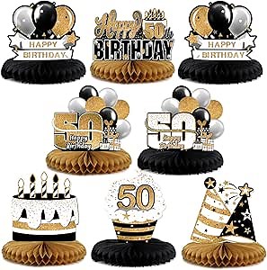 LINGTEER Happy 50th Birthday Black & Gold Paper Table Topper Centerpieces Set - 8 Pcs Cake Star Balloon Fifty Years Old Birthday 50th Bday Party Gift Decorations Sign.